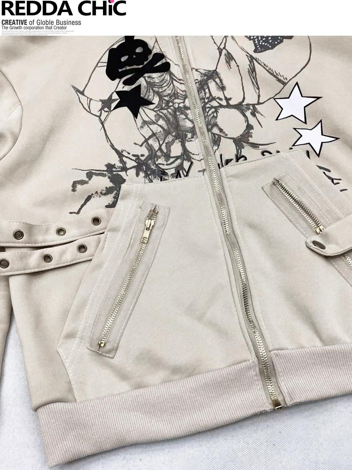 REDDACHIC Vintage Print Detachable Rabbit Ear Fur Collar Zip Hooded Women'S Fleece Hoodies