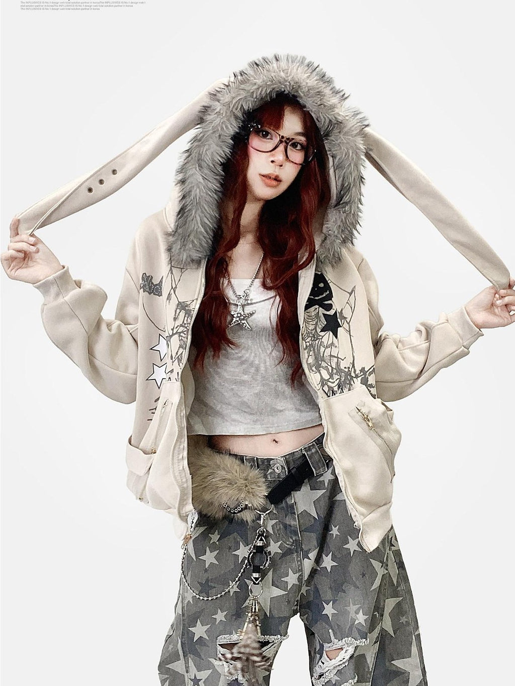 REDDACHIC Vintage Print Detachable Rabbit Ear Fur Collar Zip Hooded Women'S Fleece Hoodies