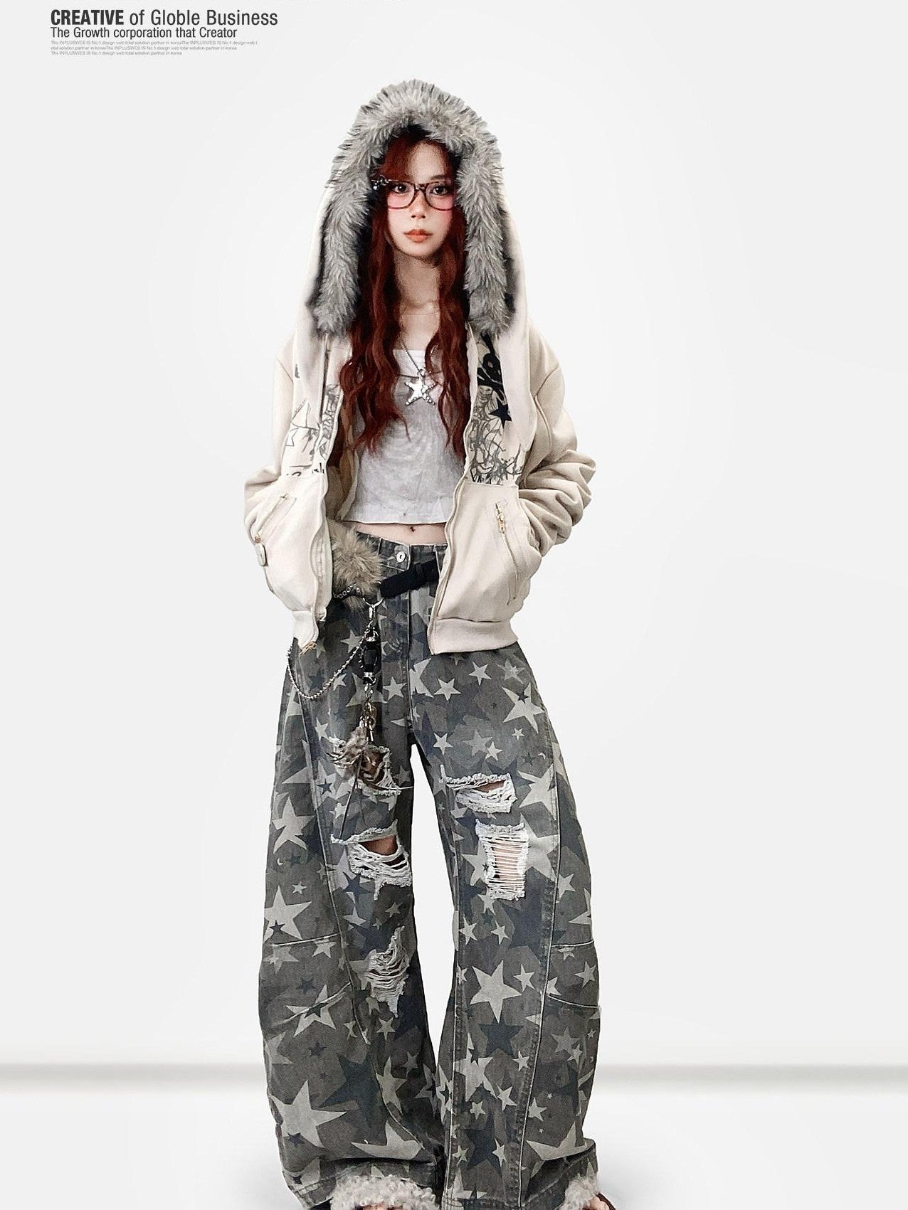 REDDACHIC Vintage Print Detachable Rabbit Ear Fur Collar Zip Hooded Women'S Fleece Hoodies