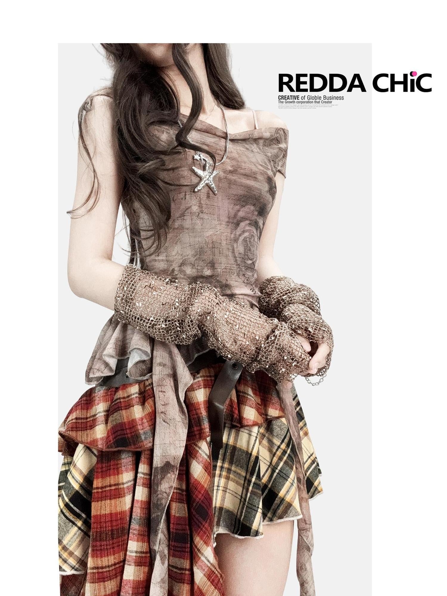 REDDACHIC Vintage Print Off Shoulder Asymmetric Ruffle Fitted Women'S Mesh Mini Dresses