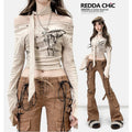 REDDACHIC_Vintage_Printed_Bardot_Cinched_Waist_Apricot_Women'S_Long_Sleeve_T-Shirts_MISSTT