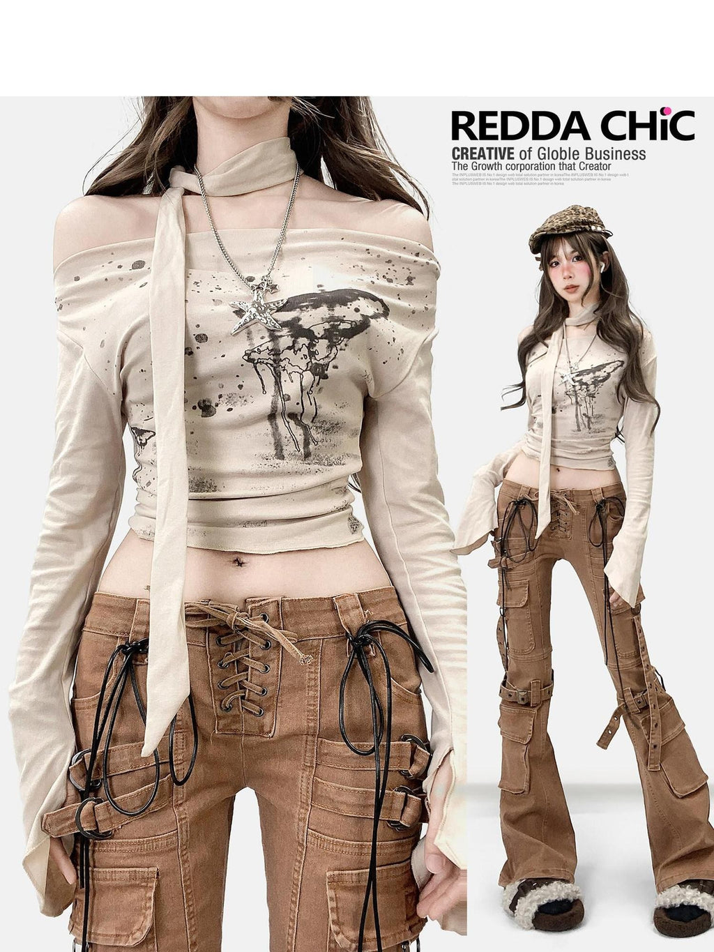 REDDACHIC Vintage Printed Bardot Cinched Waist Apricot Women'S Long Sleeve T-Shirts