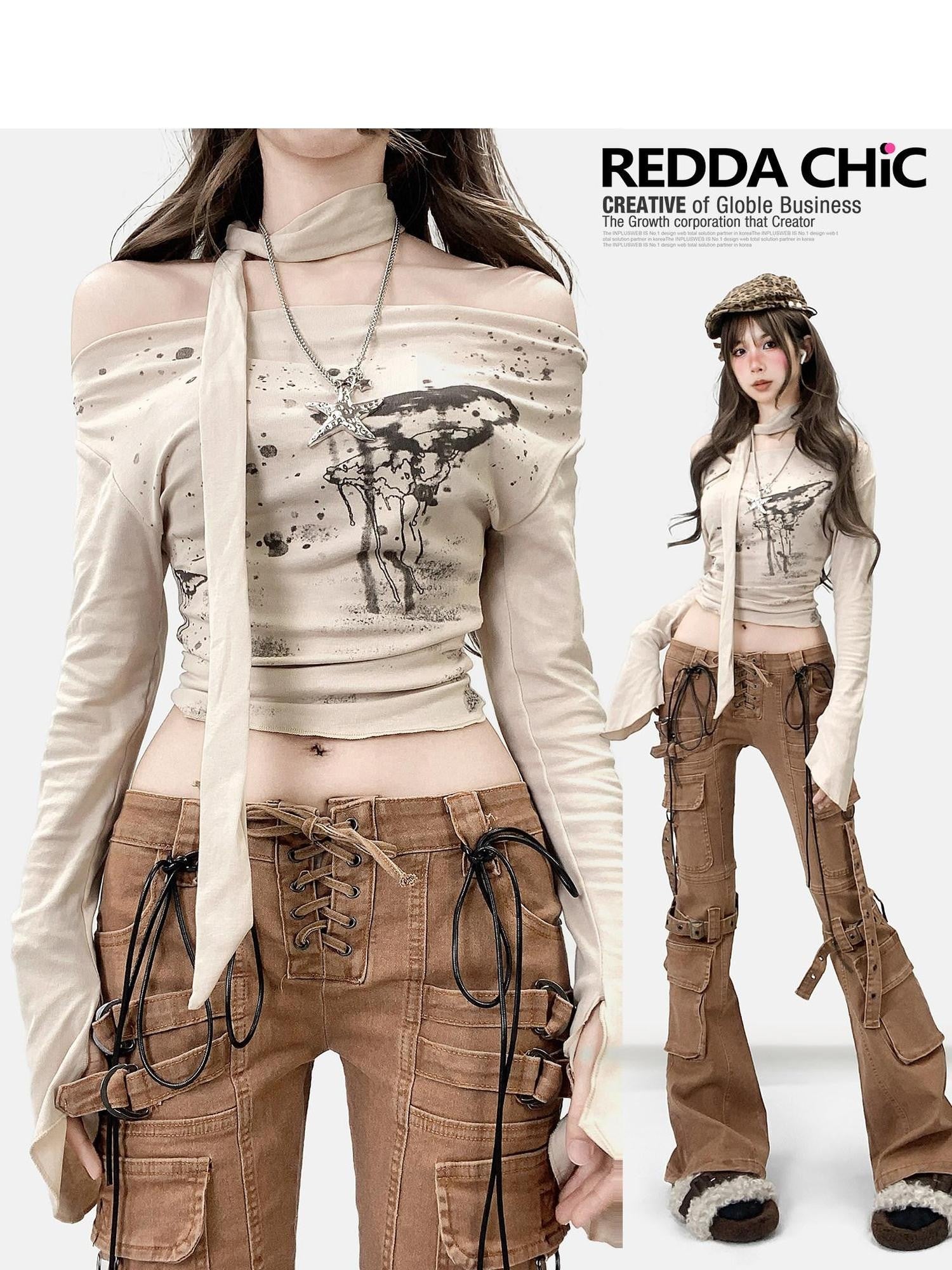 REDDACHIC Vintage Printed Bardot Cinched Waist Apricot Women'S Long Sleeve T-Shirts