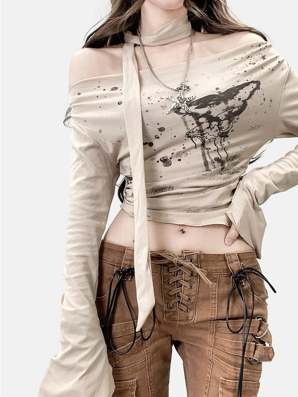 REDDACHIC Vintage Printed Bardot Cinched Waist Apricot Women'S Long Sleeve T-Shirts