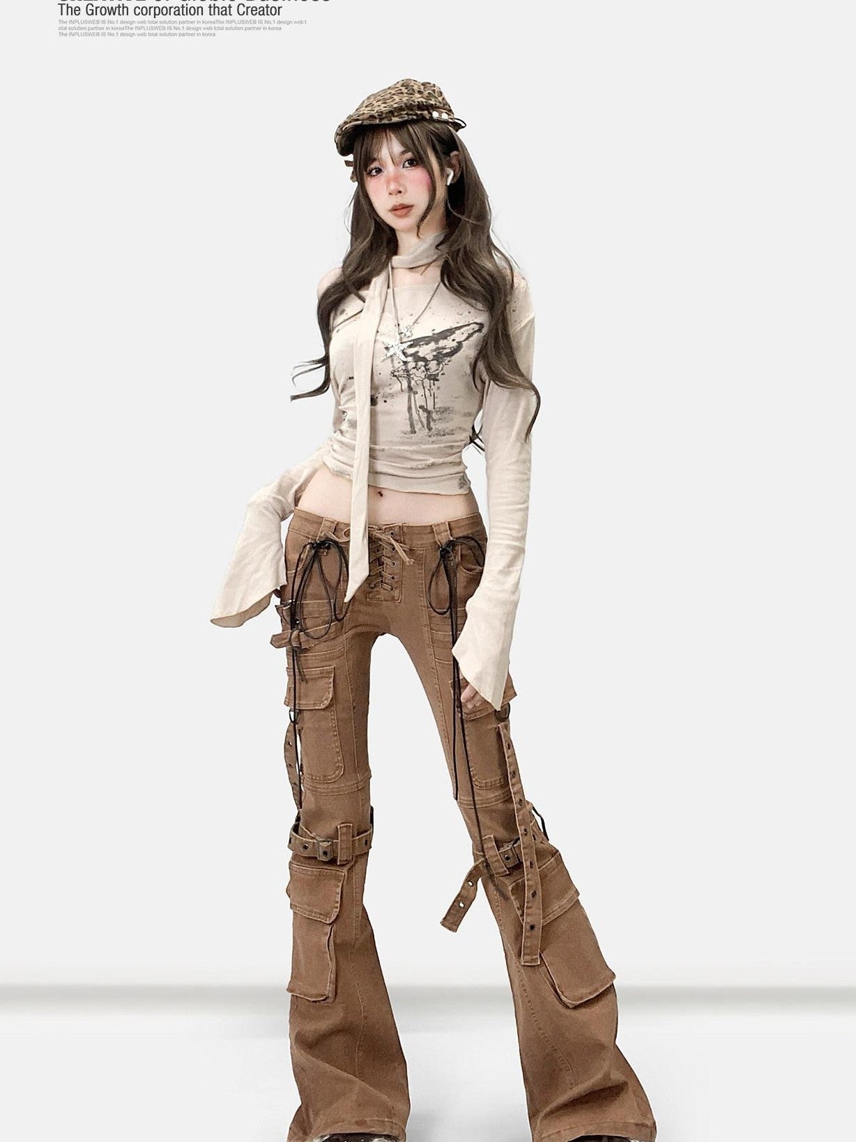 REDDACHIC Vintage Printed Bardot Cinched Waist Apricot Women'S Long Sleeve T-Shirts
