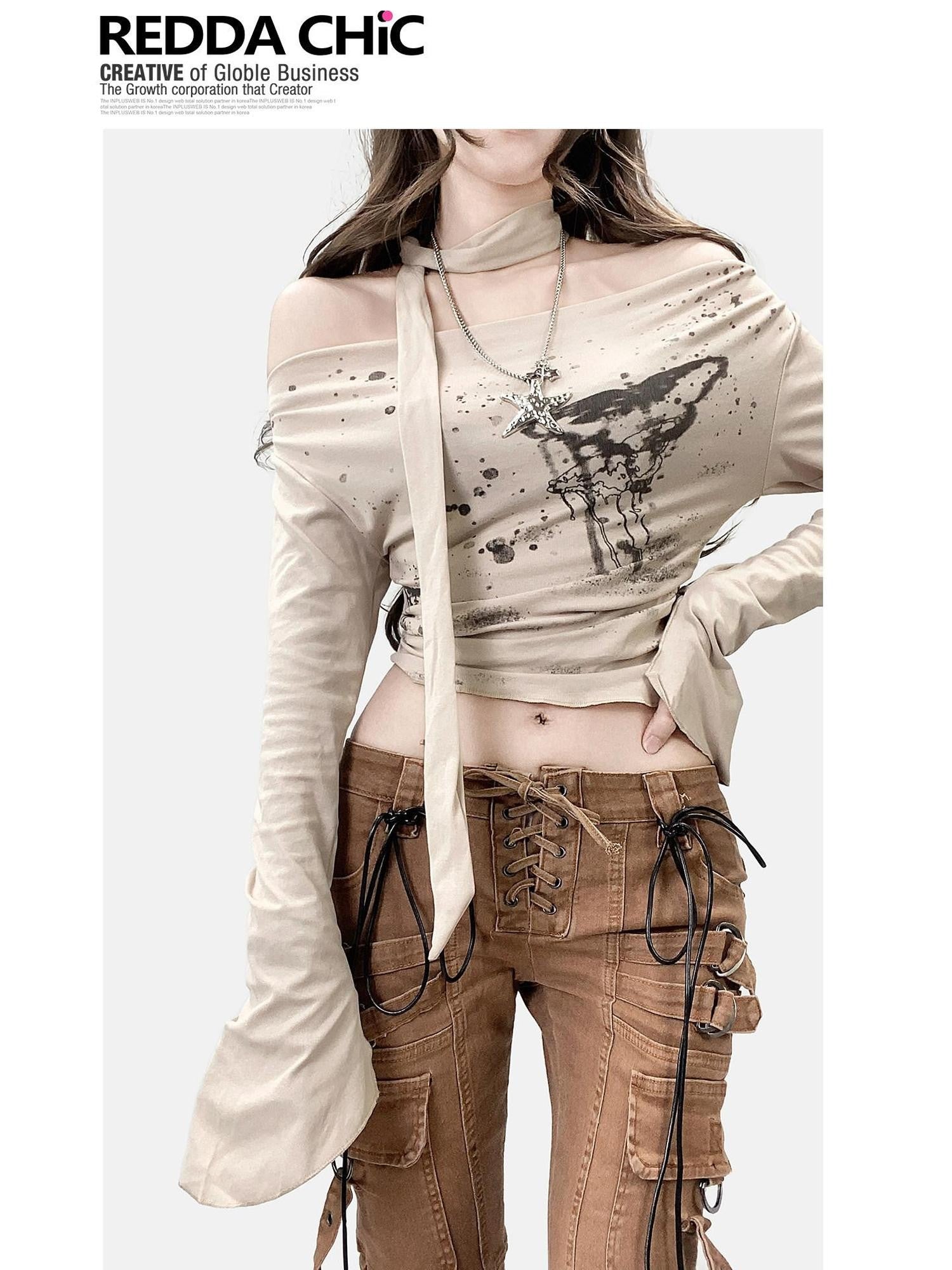 REDDACHIC Vintage Printed Bardot Cinched Waist Apricot Women'S Long Sleeve T-Shirts