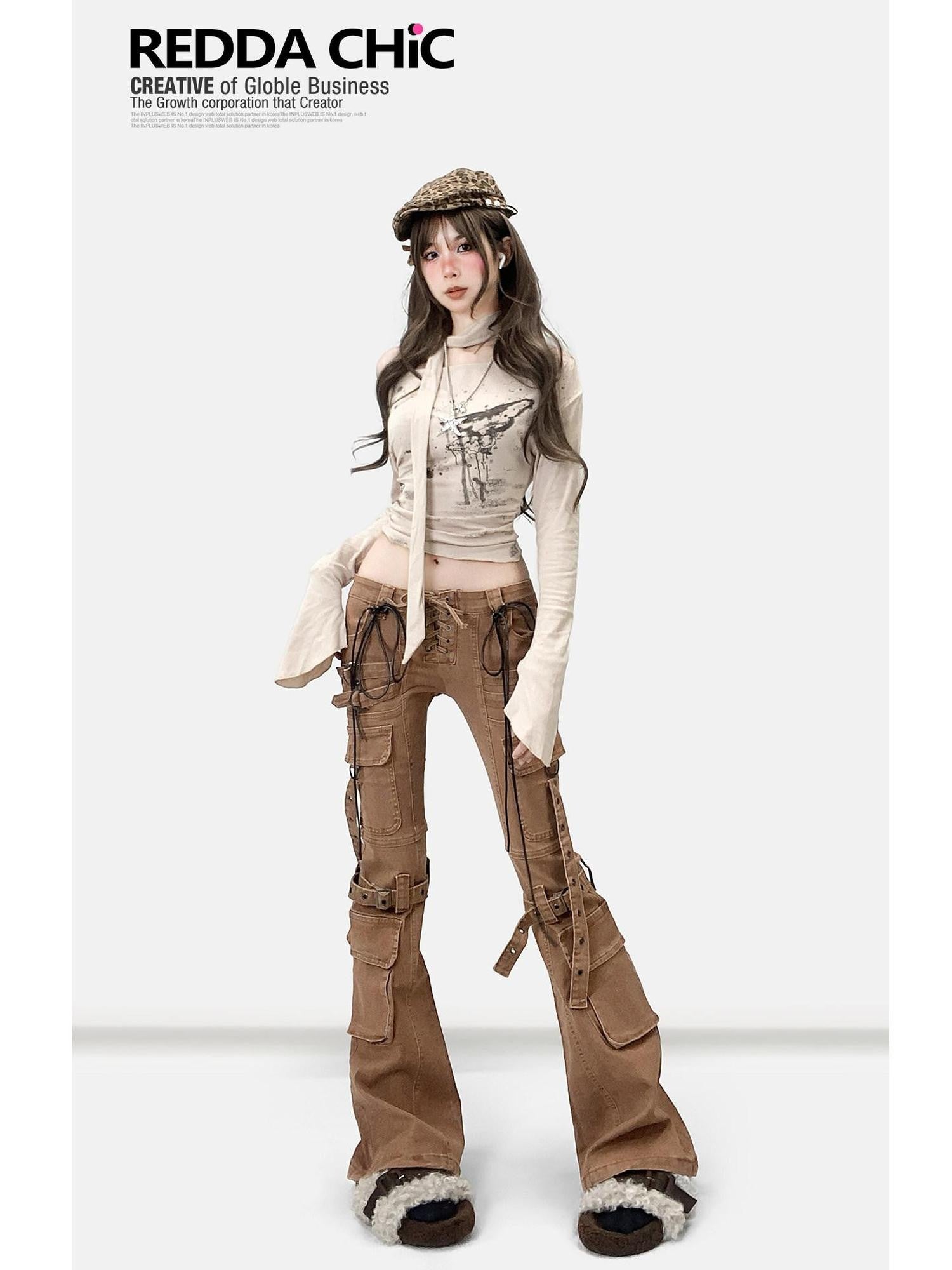 REDDACHIC Vintage Printed Bardot Cinched Waist Apricot Women'S Long Sleeve T-Shirts