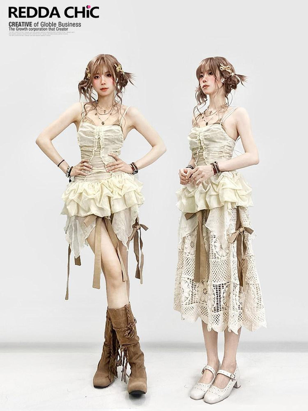 REDDACHIC Vintage Puff Asymmetrical Layered Bow Women'S Tulle Slip Mini Dresses