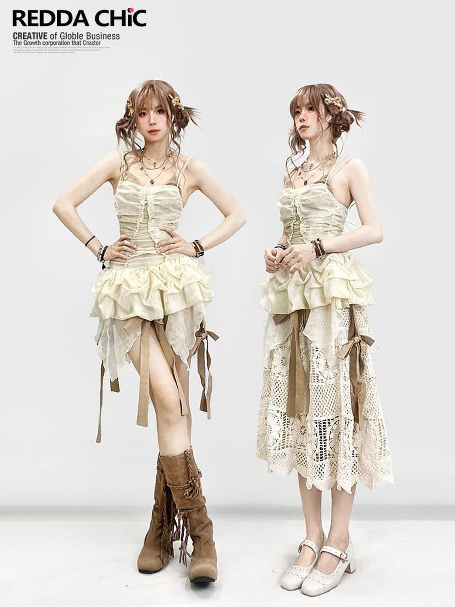REDDACHIC Vintage Puff Asymmetrical Layered Bow Women'S Tulle Slip Mini Dresses