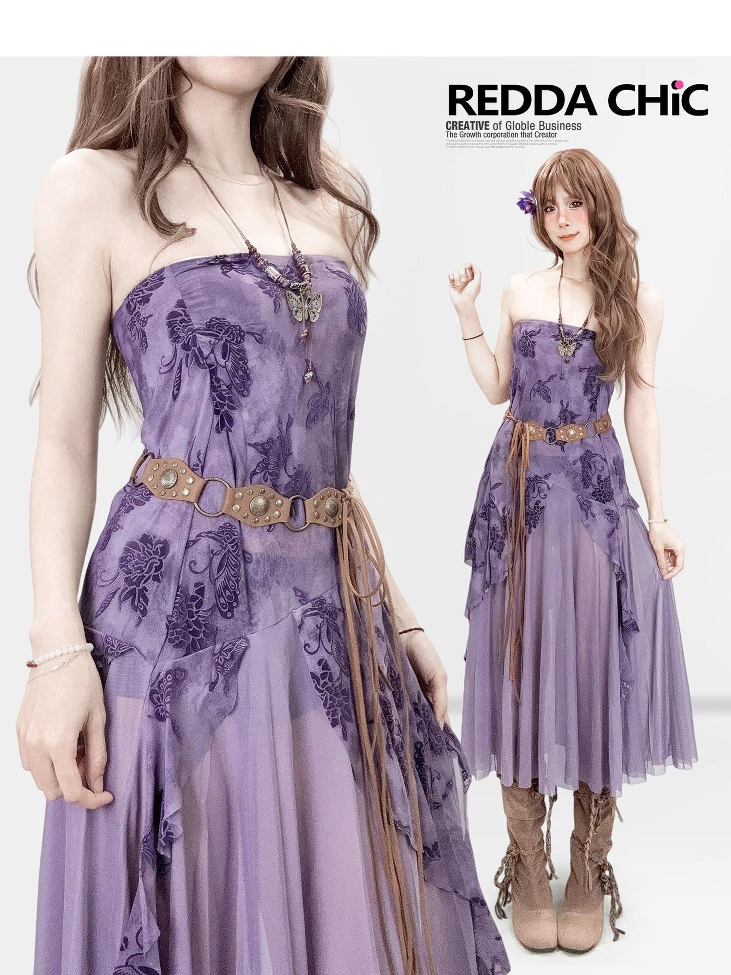 REDDACHIC Vintage Purple Asymmetric Women'S Sheer Tulle Strapless Midi Dresses