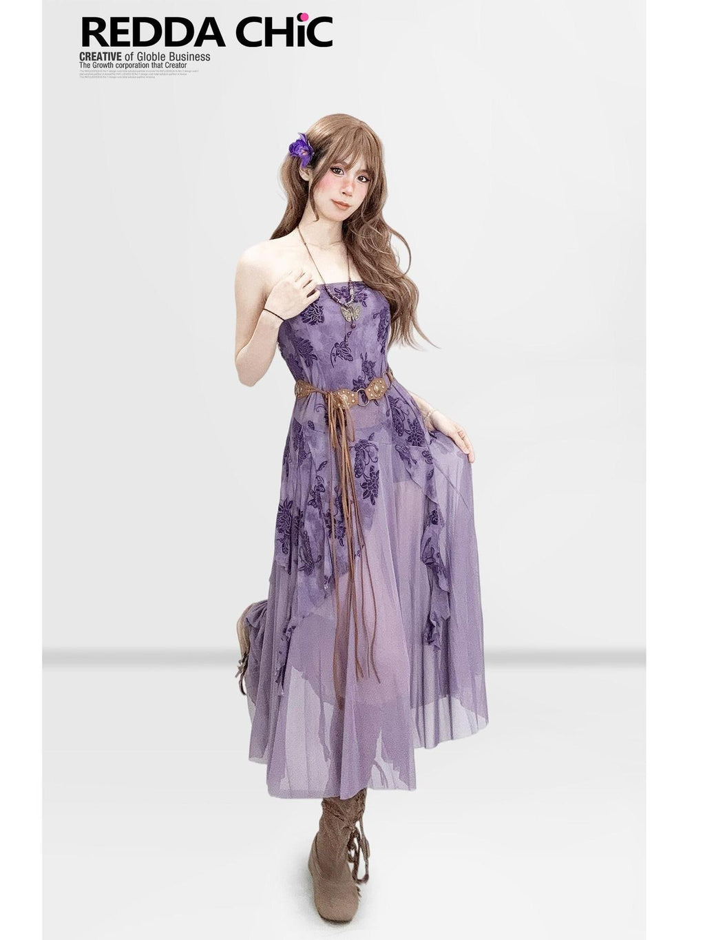 REDDACHIC Vintage Purple Asymmetric Women'S Sheer Tulle Strapless Midi Dresses