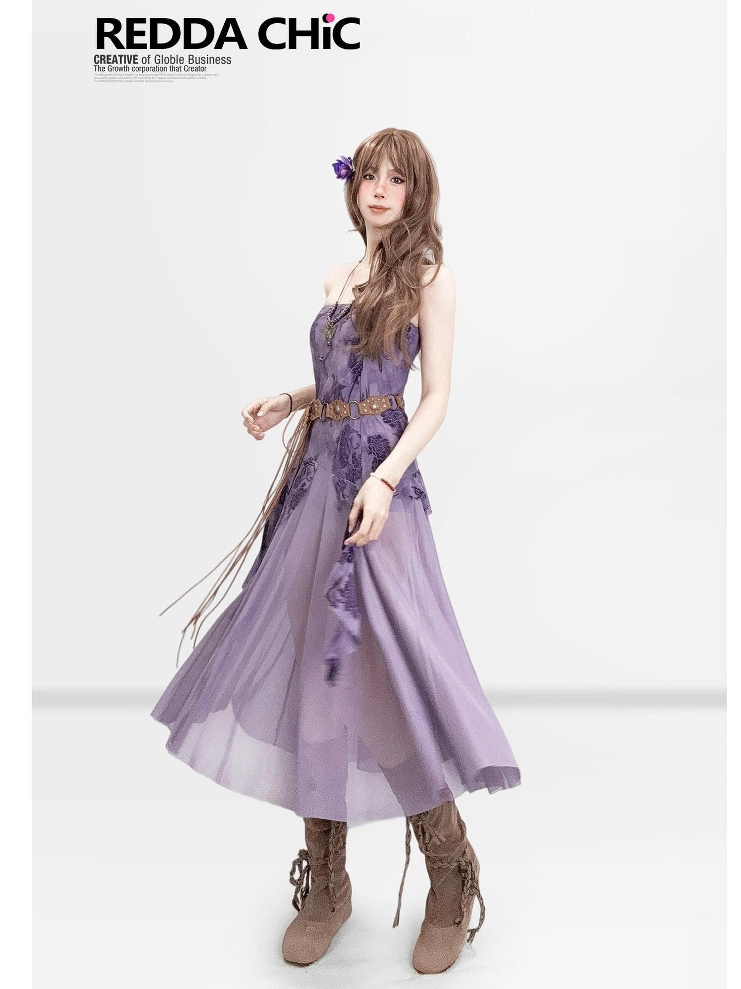 REDDACHIC Vintage Purple Asymmetric Women'S Sheer Tulle Strapless Midi Dresses