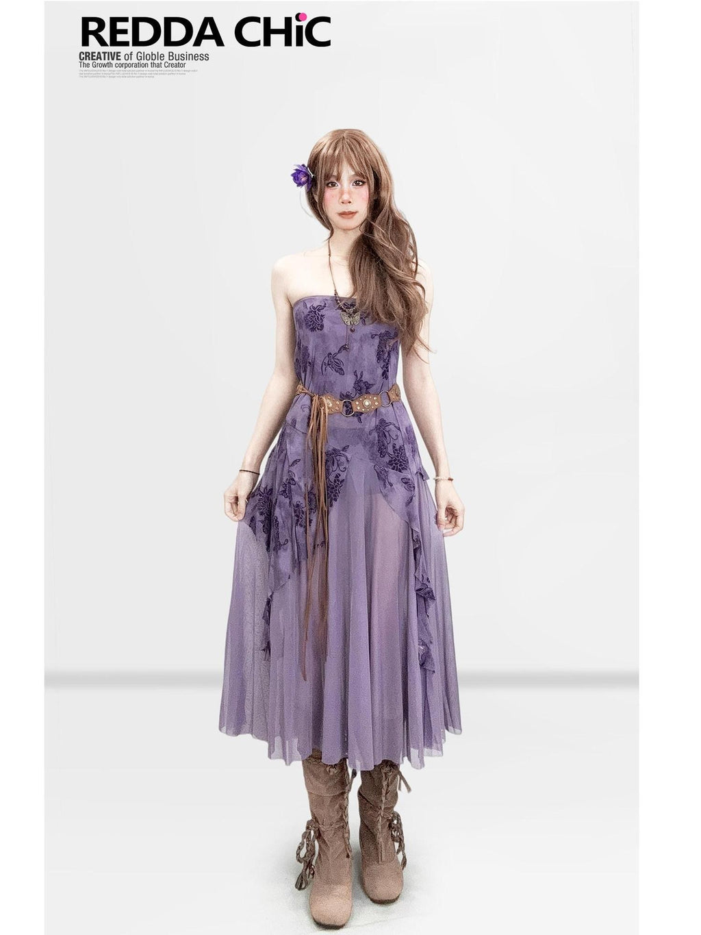 REDDACHIC Vintage Purple Asymmetric Women'S Sheer Tulle Strapless Midi Dresses