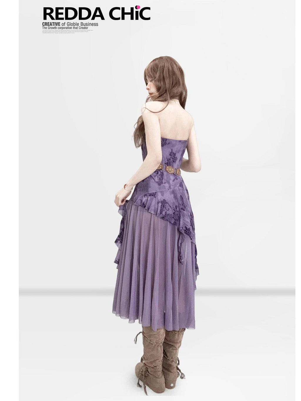 REDDACHIC Vintage Purple Asymmetric Women'S Sheer Tulle Strapless Midi Dresses