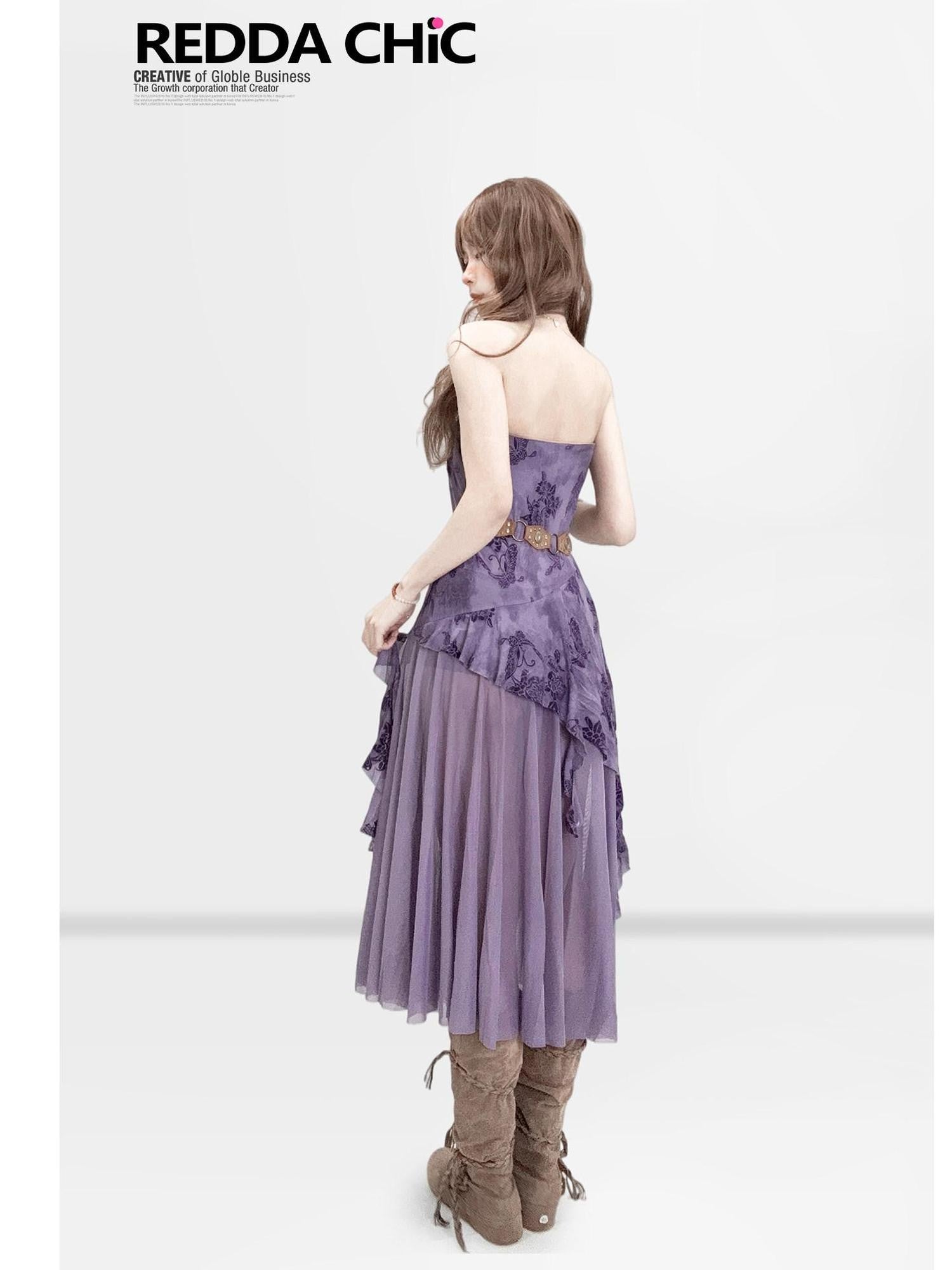 REDDACHIC Vintage Purple Asymmetric Women'S Sheer Tulle Strapless Midi Dresses