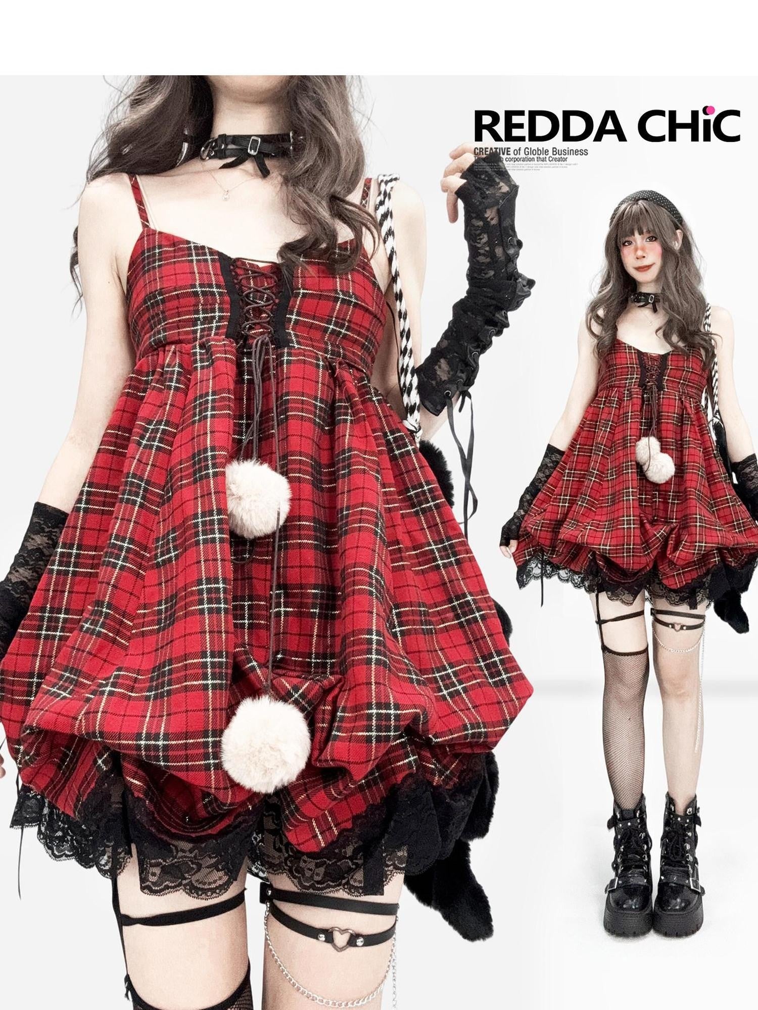 REDDACHIC Vintage Red Plaid Petite Cami Bubble Women'S Polyester Slip Mini Dresses