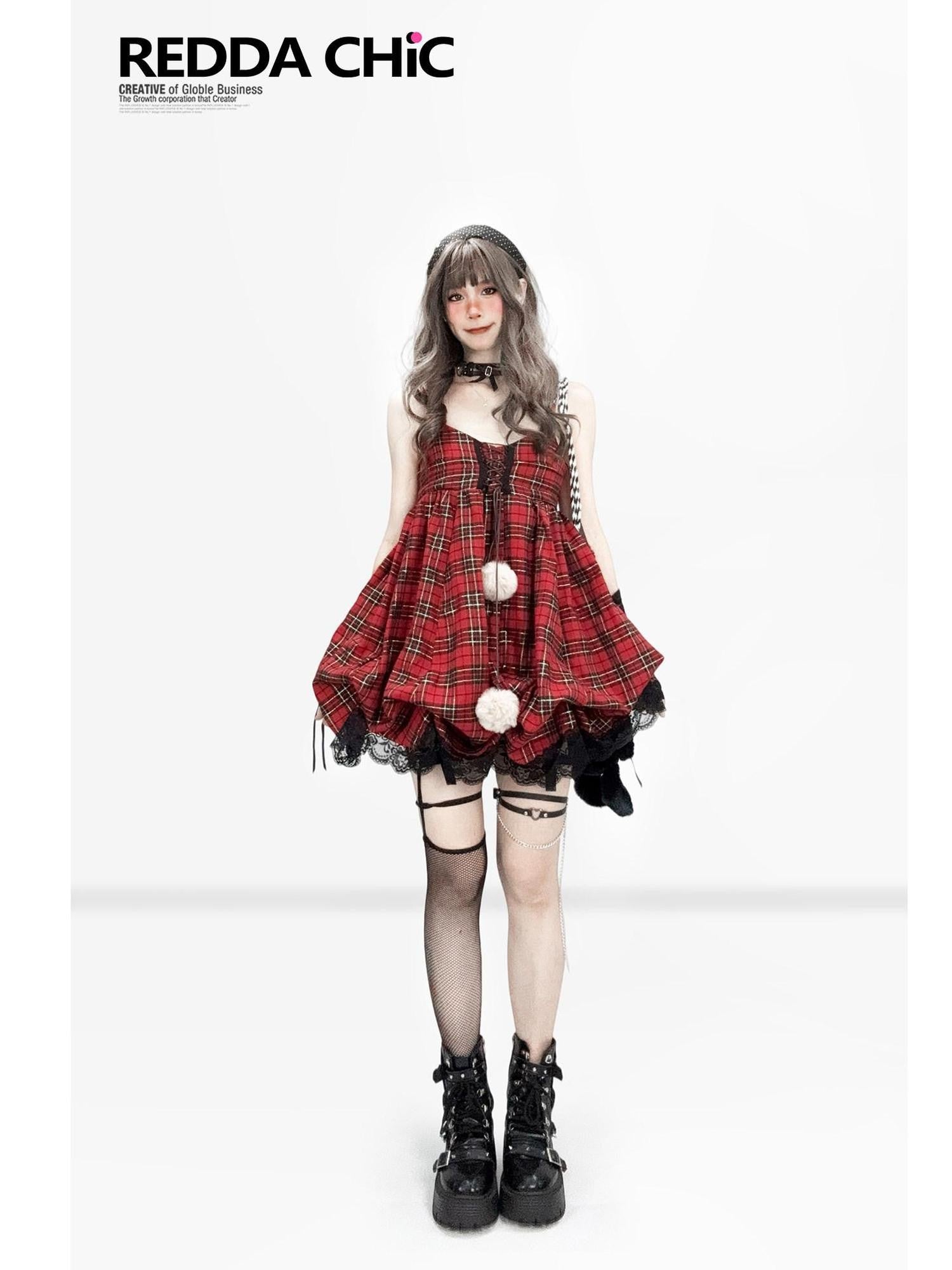 REDDACHIC Vintage Red Plaid Petite Cami Bubble Women'S Polyester Slip Mini Dresses