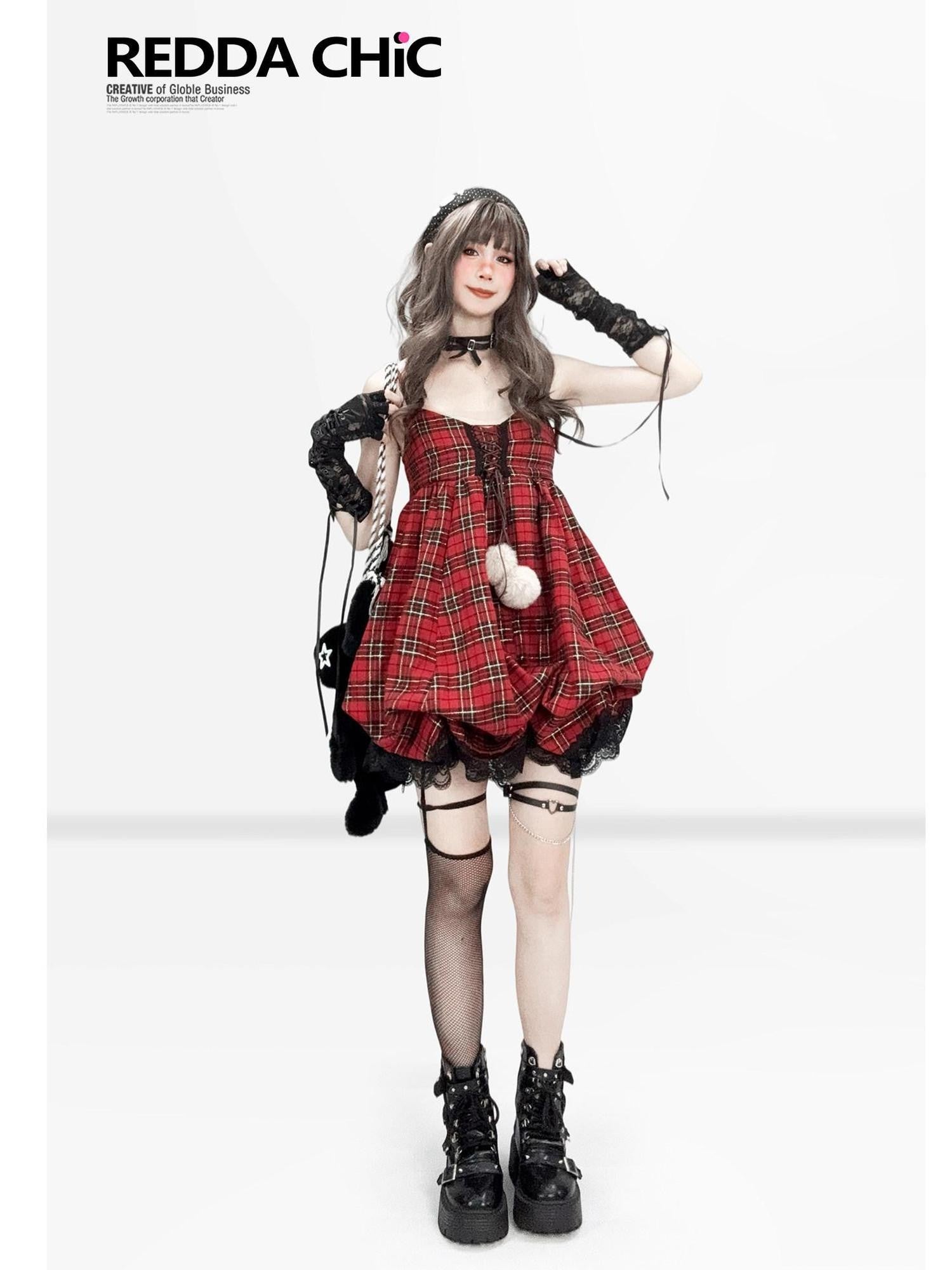 REDDACHIC Vintage Red Plaid Petite Cami Bubble Women'S Polyester Slip Mini Dresses