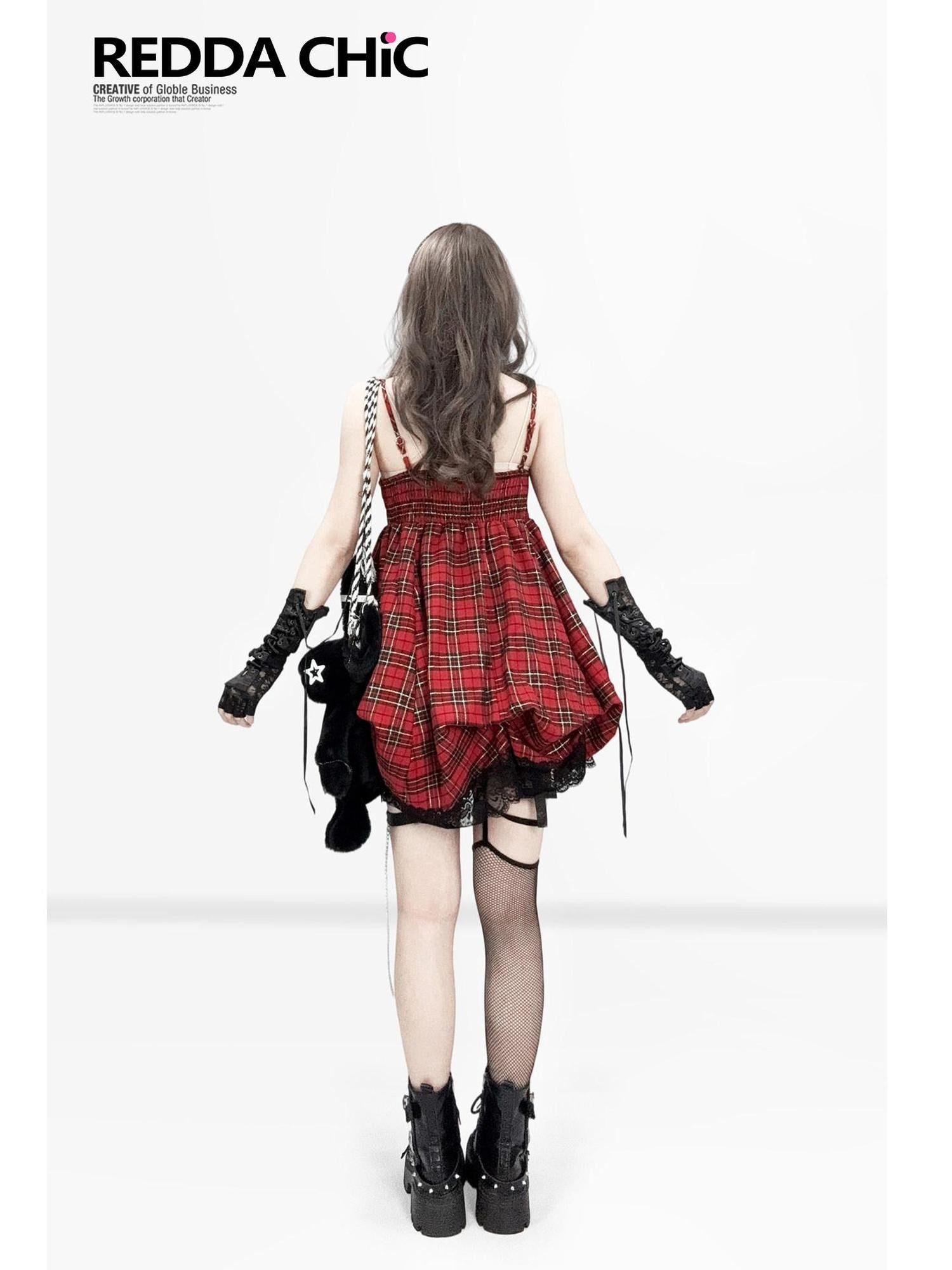 REDDACHIC Vintage Red Plaid Petite Cami Bubble Women'S Polyester Slip Mini Dresses