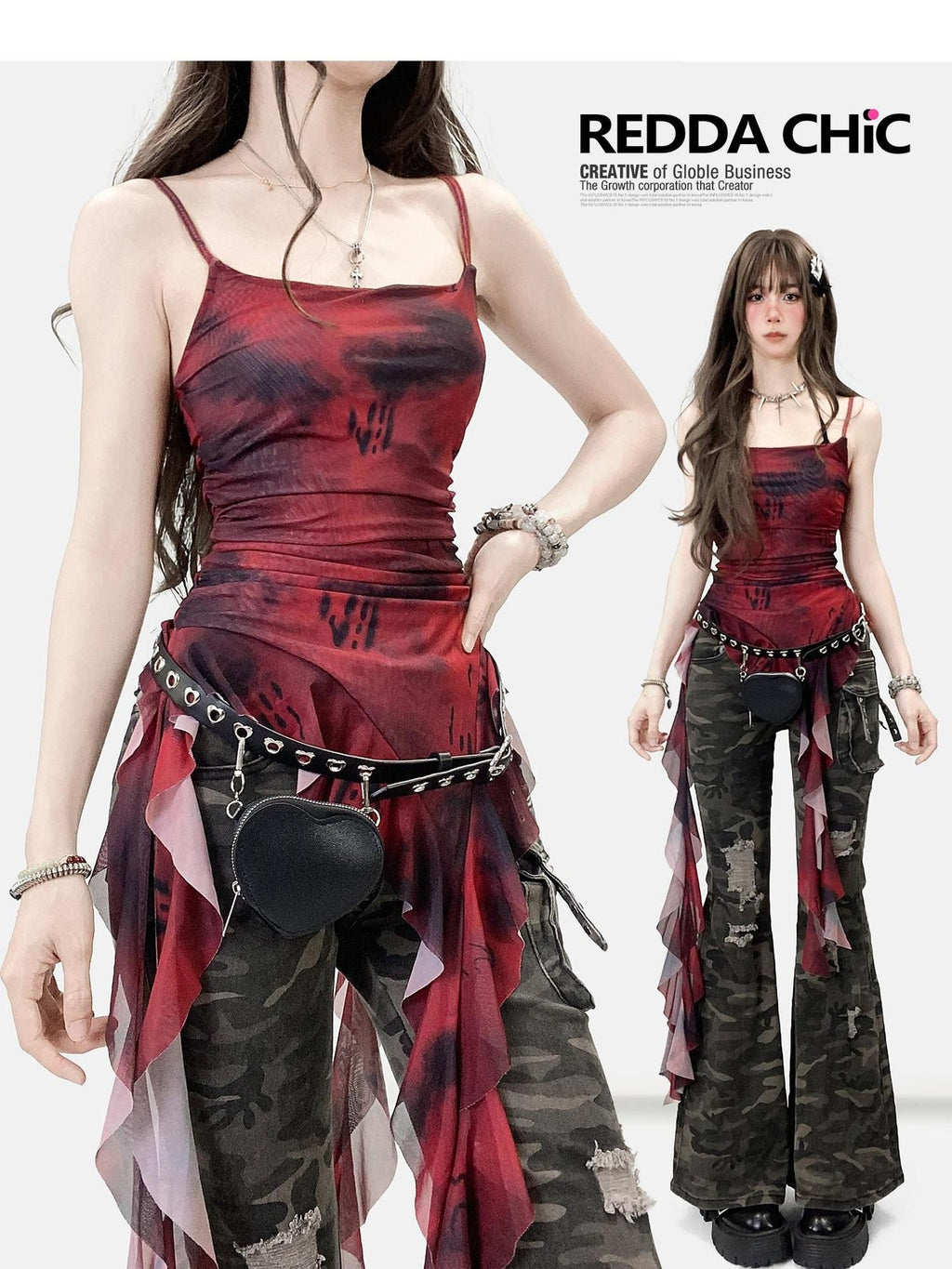 REDDACHIC Vintage Red Tie Dye Asymmetric Ruffle Waist Women'S Mesh Slip Mini Dresses