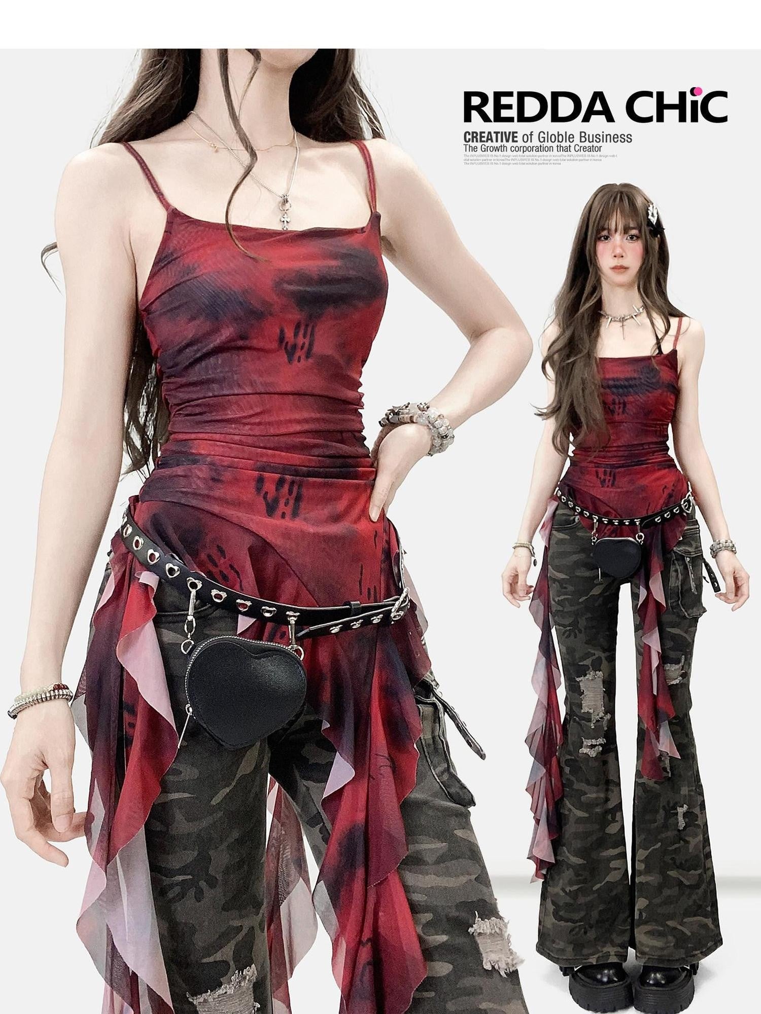 REDDACHIC Vintage Red Tie Dye Asymmetric Ruffle Waist Women'S Mesh Slip Mini Dresses