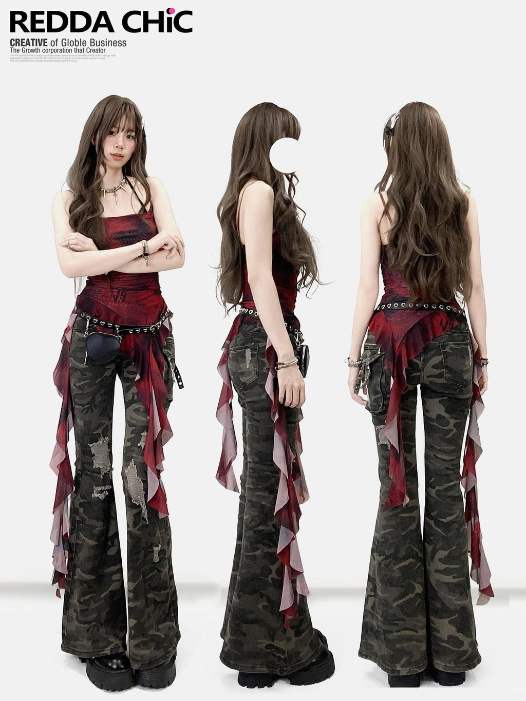 REDDACHIC Vintage Red Tie Dye Asymmetric Ruffle Waist Women'S Mesh Slip Mini Dresses