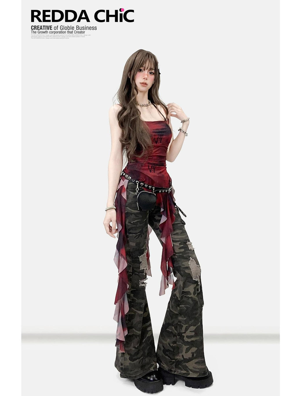 REDDACHIC Vintage Red Tie Dye Asymmetric Ruffle Waist Women'S Mesh Slip Mini Dresses