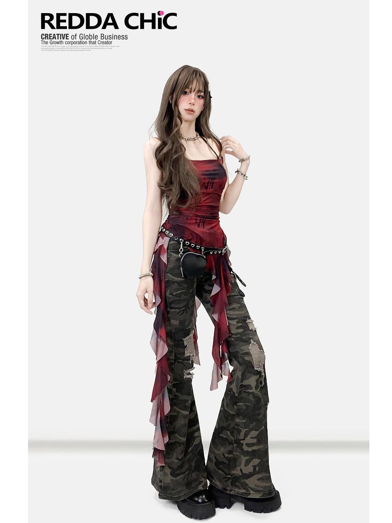REDDACHIC Vintage Red Tie Dye Asymmetric Ruffle Waist Women'S Mesh Slip Mini Dresses