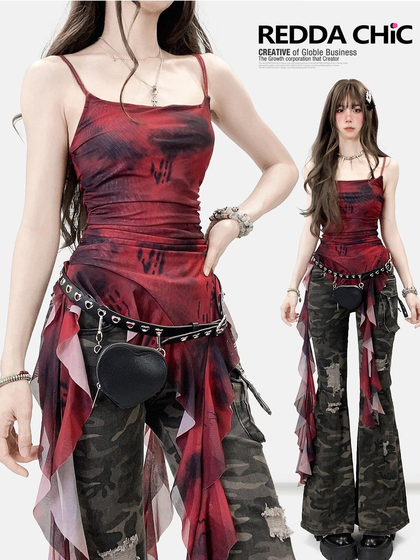 REDDACHIC Vintage Red Tie Dye Asymmetric Ruffle Waist Women'S Mesh Slip Mini Dresses