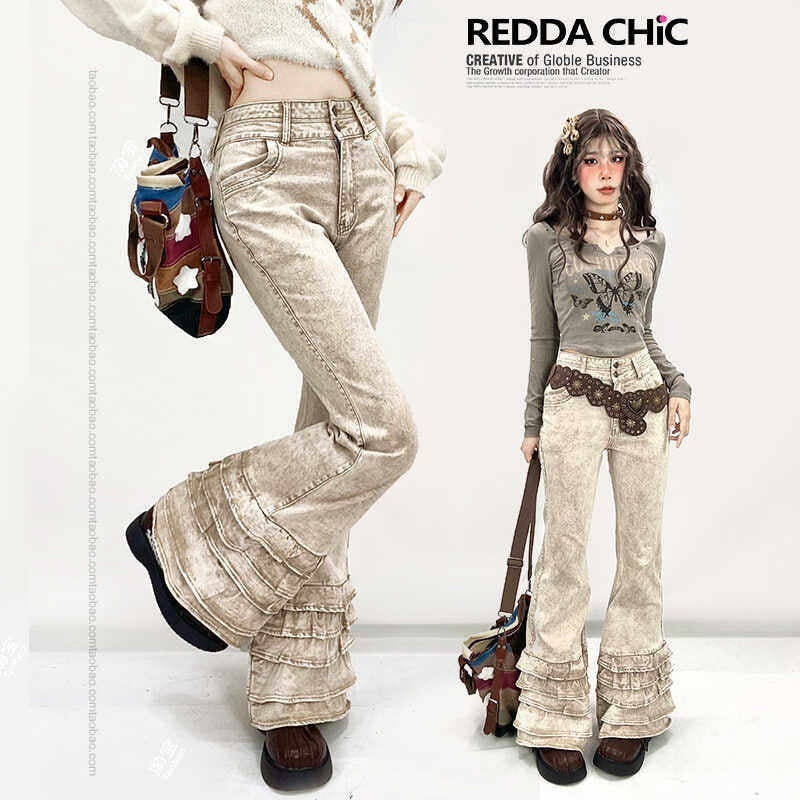 REDDACHIC_Vintage_Ruffled_Lace_Slim_Fit_Floor_Length_Women'S_Denim_Flare_Jeans_MISSTT