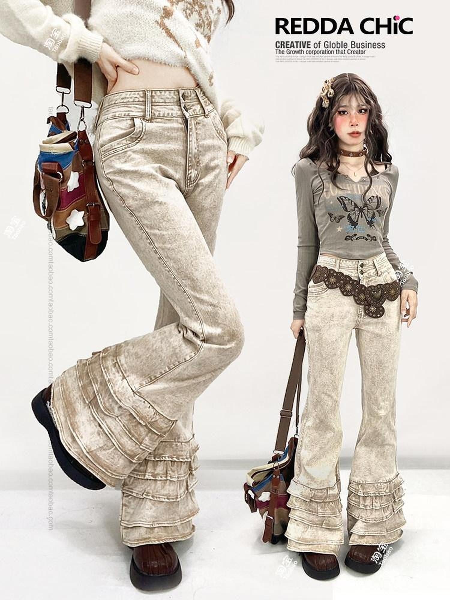 REDDACHIC Vintage Ruffled Lace Slim Fit Floor Length Women'S Denim Flare Jeans