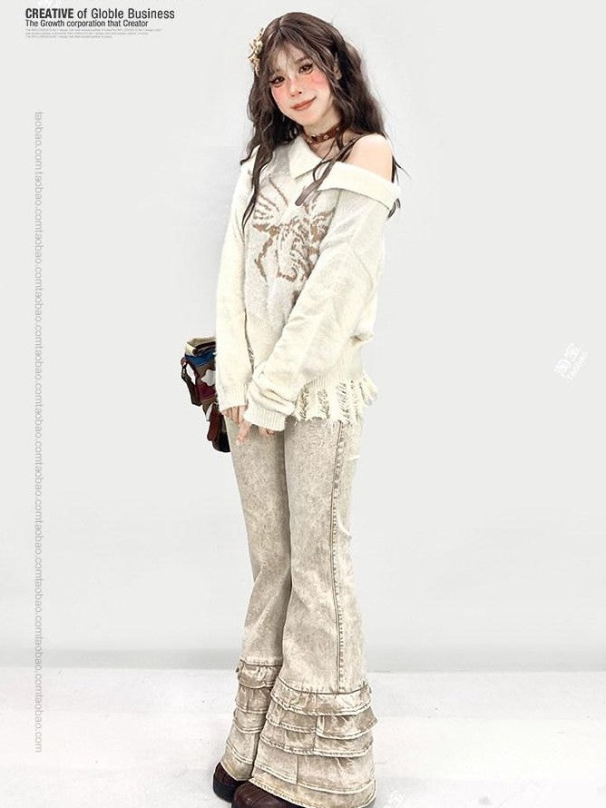 REDDACHIC Vintage Ruffled Lace Slim Fit Floor Length Women'S Denim Flare Jeans