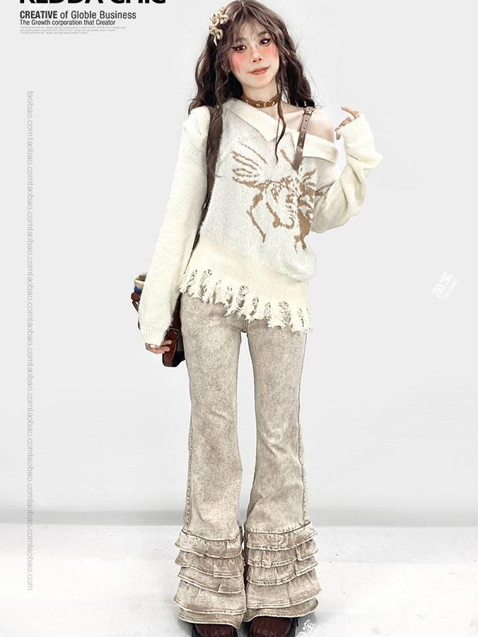 REDDACHIC Vintage Ruffled Lace Slim Fit Floor Length Women'S Denim Flare Jeans