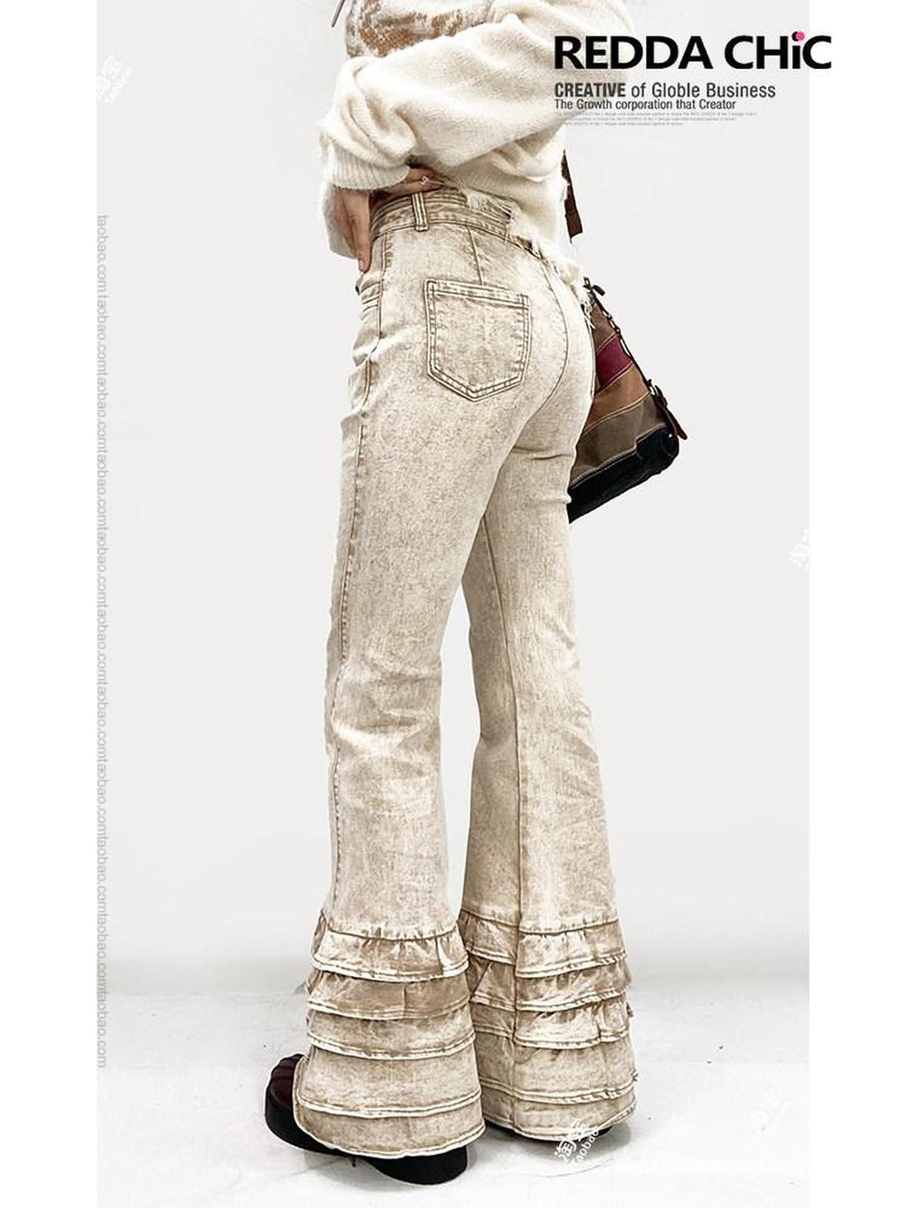 REDDACHIC Vintage Ruffled Lace Slim Fit Floor Length Women'S Denim Flare Jeans