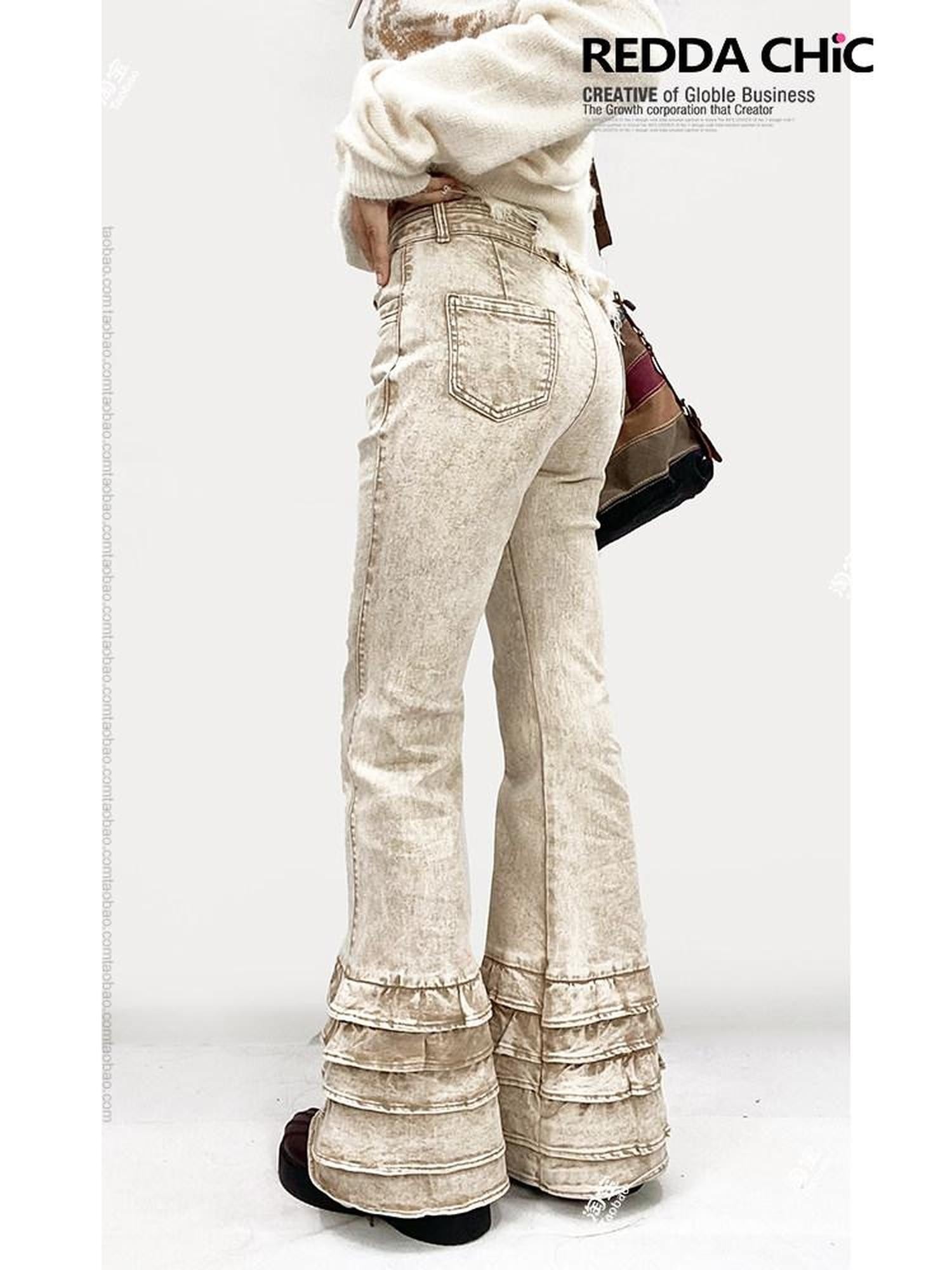 REDDACHIC Vintage Ruffled Lace Slim Fit Floor Length Women'S Denim Flare Jeans
