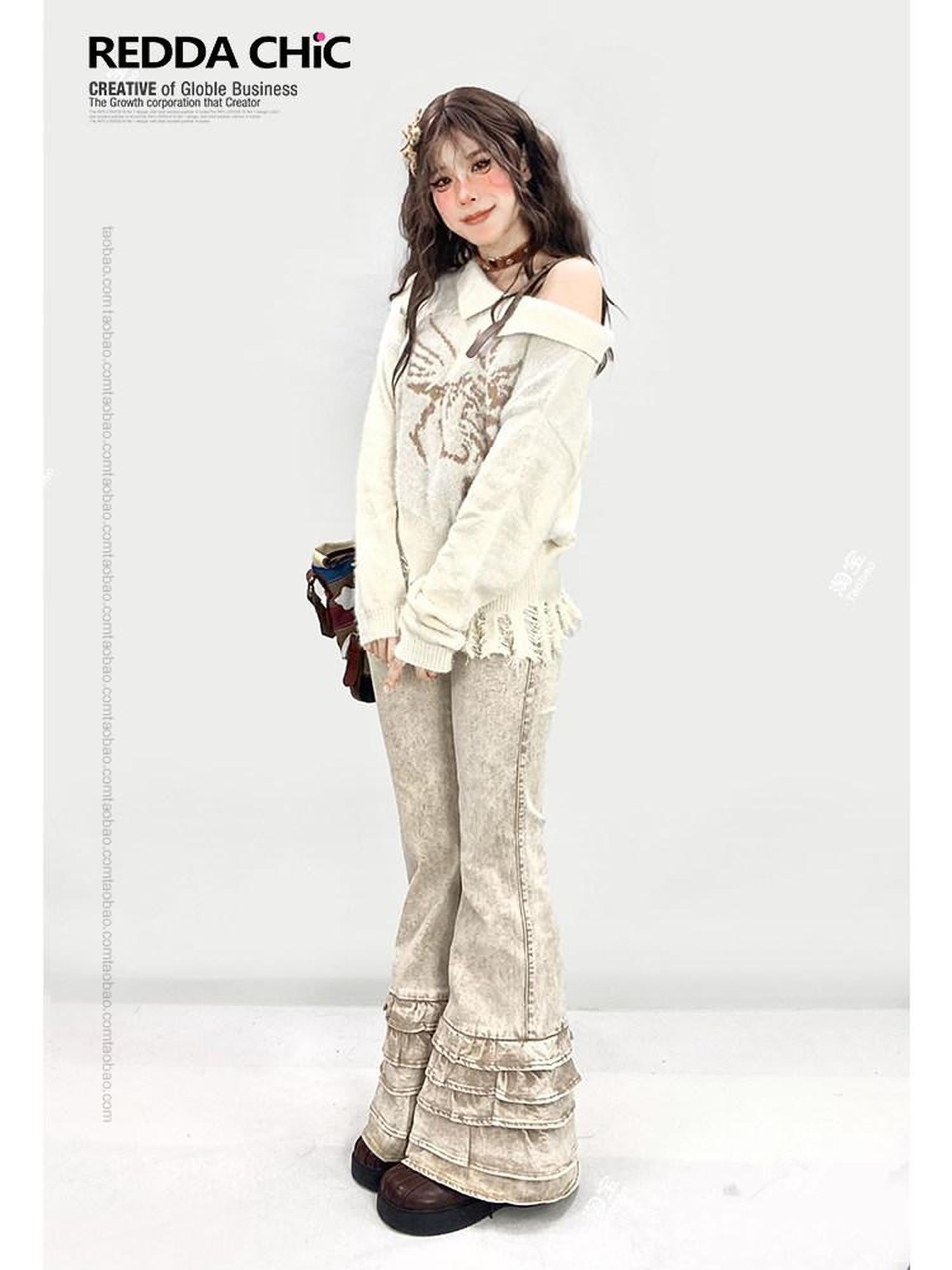 REDDACHIC Vintage Ruffled Lace Slim Fit Floor Length Women'S Denim Flare Jeans