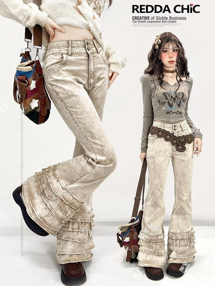 REDDACHIC Vintage Ruffled Lace Slim Fit Floor Length Women'S Denim Flare Jeans