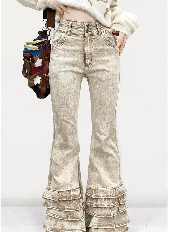 REDDACHIC Vintage Ruffled Lace Slim Fit Floor Length Women'S Denim Flare Jeans