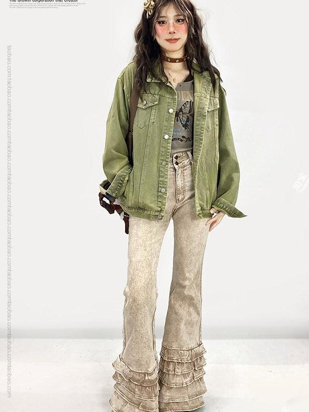 REDDACHIC Vintage Ruffled Lace Slim Fit Floor Length Women'S Denim Flare Jeans