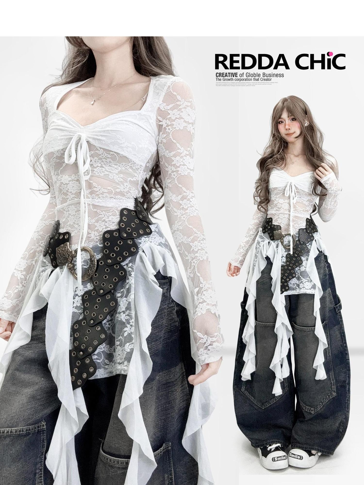 REDDACHIC Vintage Sheer V-neck Ruffle Irregular Hem Women'S Composite Lace Midi Dresses
