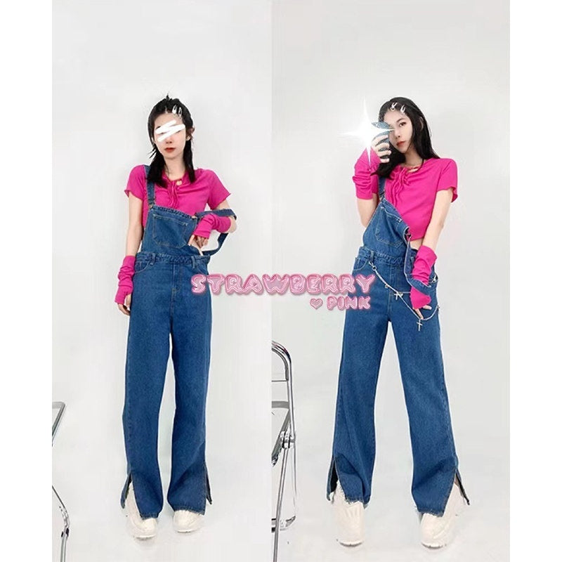 REDDACHIC_Vintage_Strap_Overalls_High_Waist_Side_Slit_Women'S_Washed_Denim_Wide-Leg_Jeans_MISSTT
