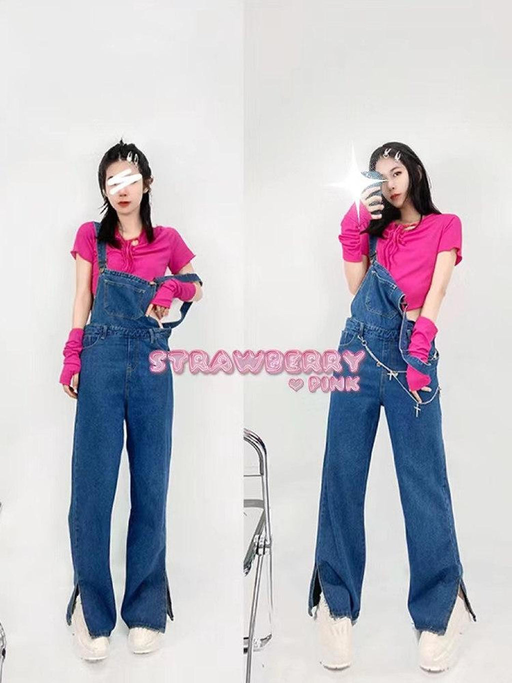REDDACHIC Vintage Strap Overalls High Waist Side Slit Women'S Washed Denim Wide-Leg Jeans