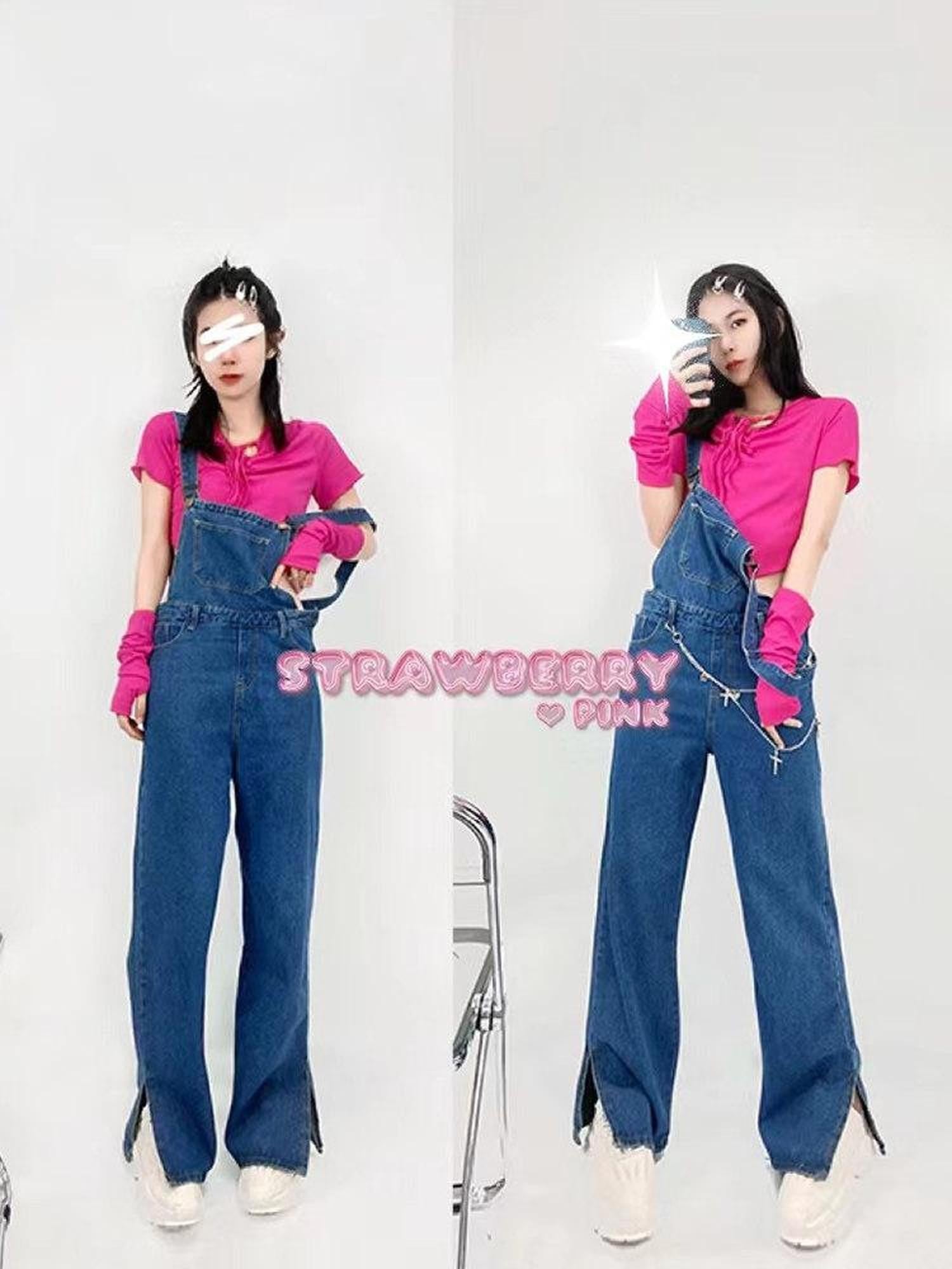 REDDACHIC Vintage Strap Overalls High Waist Side Slit Women'S Washed Denim Wide-Leg Jeans