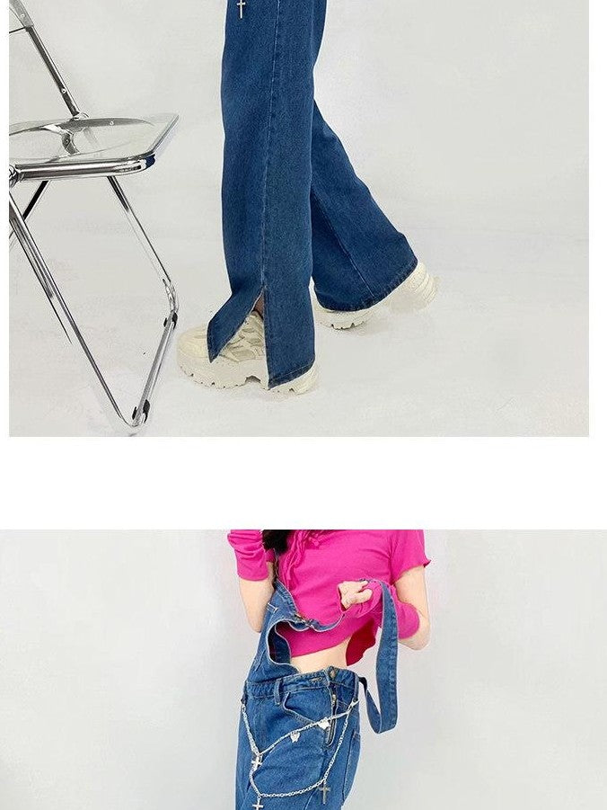 REDDACHIC Vintage Strap Overalls High Waist Side Slit Women'S Washed Denim Wide-Leg Jeans