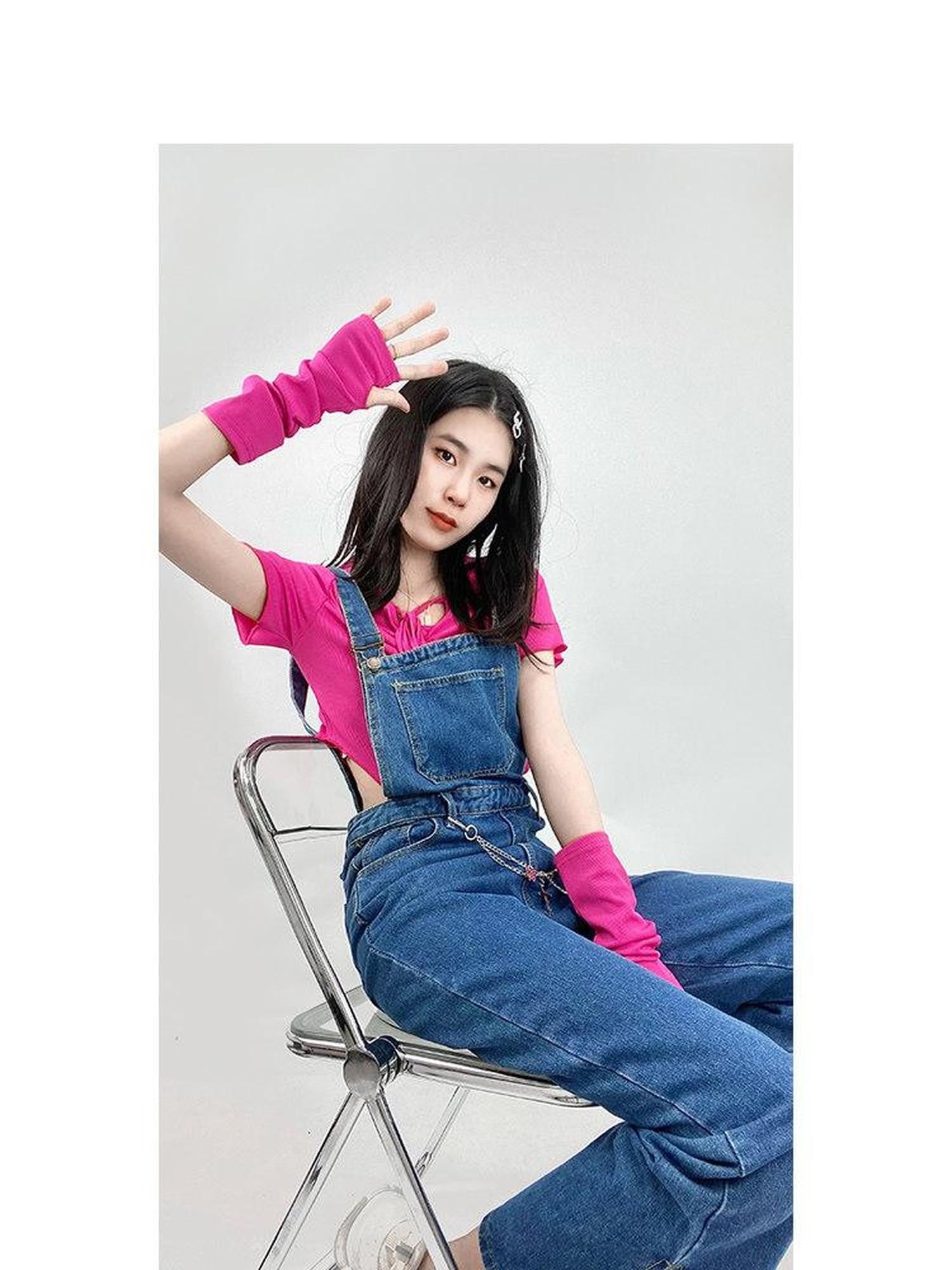 REDDACHIC Vintage Strap Overalls High Waist Side Slit Women'S Washed Denim Wide-Leg Jeans