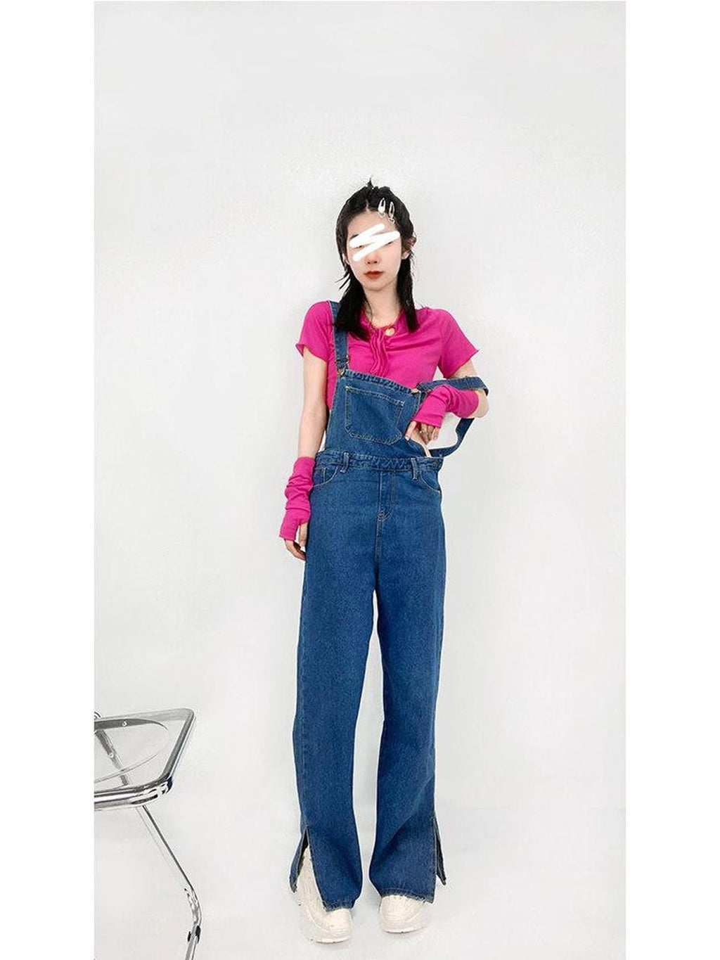 REDDACHIC Vintage Strap Overalls High Waist Side Slit Women'S Washed Denim Wide-Leg Jeans
