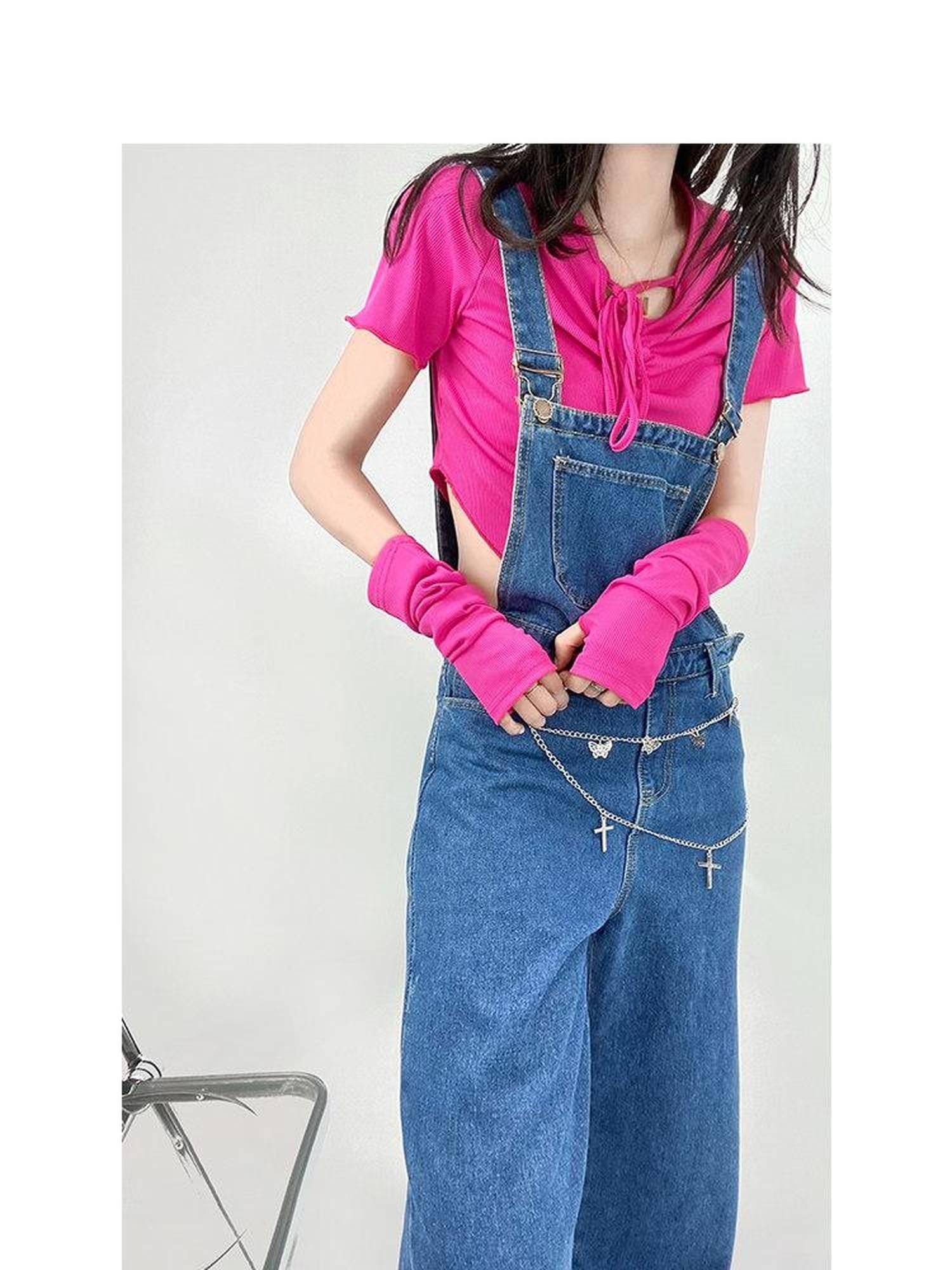 REDDACHIC Vintage Strap Overalls High Waist Side Slit Women'S Washed Denim Wide-Leg Jeans