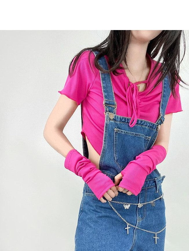 REDDACHIC Vintage Strap Overalls High Waist Side Slit Women'S Washed Denim Wide-Leg Jeans