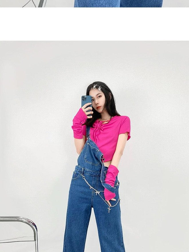 REDDACHIC Vintage Strap Overalls High Waist Side Slit Women'S Washed Denim Wide-Leg Jeans