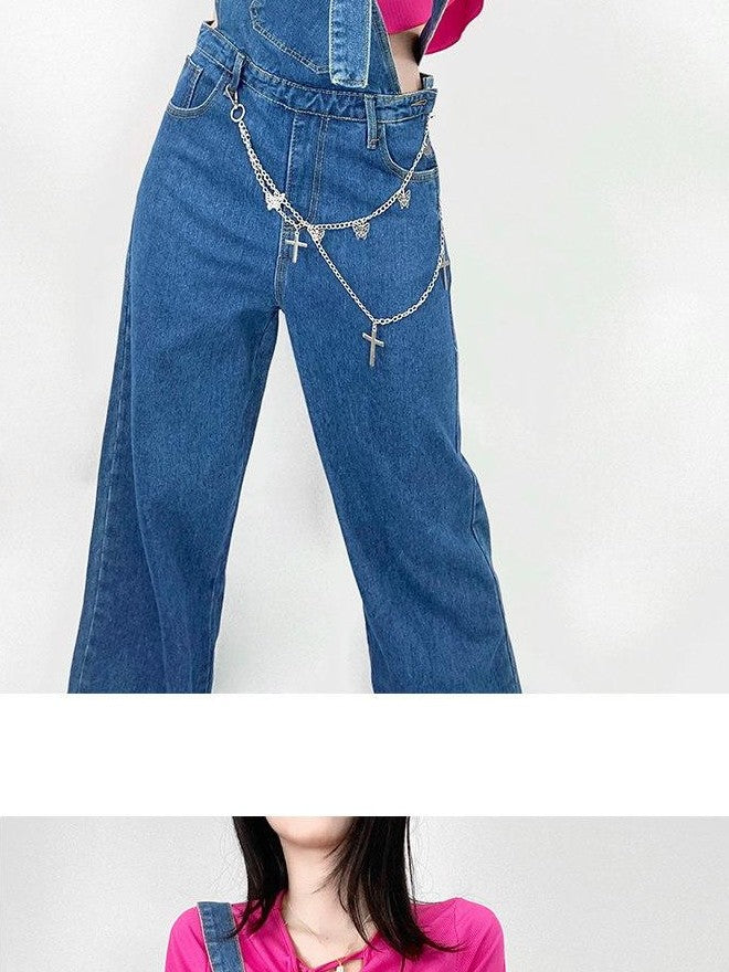 REDDACHIC Vintage Strap Overalls High Waist Side Slit Women'S Washed Denim Wide-Leg Jeans